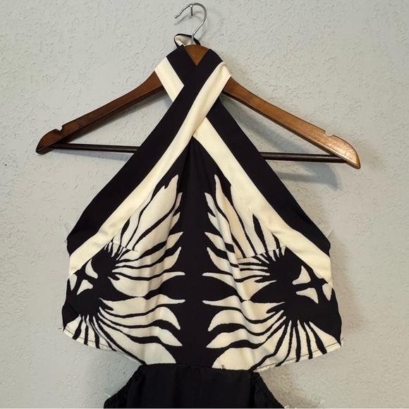 Women's Black and Cream Tropical Halter Mini Cutout Dress - Picture 3 of 8